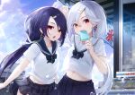  2girls azur_lane bangs bird black_hair blue_skirt blue_sky cassin_(azur_lane) cassin_(shopping_carte_blanche)_(azur_lane) clouds collarbone commentary_request cross cross_earrings day downes_(azur_lane) downes_(part-time_bomber)_(azur_lane) earrings eorx fang hair_ornament hairclip heterochromia highres ice_cream_bar jewelry long_hair looking_at_viewer low_ponytail manjuu_(azur_lane) midriff_peek military military_vehicle mole mole_under_eye multiple_girls navel neck_ribbon official_alternate_costume open_mouth outdoors pleated_skirt red_eyes ribbon sailor_collar school_uniform seagull ship shirt short_sleeves siblings sisters skirt sky stomach sunlight sweat swept_bangs warship watercraft white_hair white_shirt yellow_eyes 