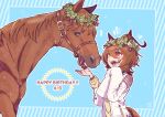  1girl agnes_tachyon_(racehorse) agnes_tachyon_(umamusume) ahoge animal_ears apple bangs blue_background bridle brown_hair commentary_request creature_and_personification english_text fangs feeding food fruit hair_between_eyes happy_birthday head_wreath highres horse horse_ears horse_girl horse_tail huge_ahoge labcoat long_sleeves medium_hair messy_hair red_eyes sleeves_past_fingers sleeves_past_wrists sweater tail test_tube torasigure umamusume yellow_sweater zipper 