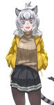  1girl :d absurdres alternate_costume animal_ear_fluff animal_ears black_pantyhose black_skirt blue_eyes blush brown_sweater casual cave_lion_(kemono_friends) commentary cowboy_shot empty_eyes grey_hair hands_in_pockets highres jacket kemono_friends lion_ears lion_girl lion_tail looking_at_viewer multicolored_hair open_clothes open_jacket open_mouth pantyhose pleated_skirt short_hair skirt smile solo sweater tail tanabe_(fueisei) teeth turtleneck turtleneck_sweater upper_teeth yellow_jacket 
