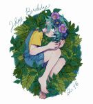  1boy barefoot basil_(omori) closed_mouth dated flower green_eyes green_hair happy_birthday head_wreath looking_at_viewer lying nagakun_omo omori on_side overall_shorts overalls shirt short_hair short_sleeves smile solo yellow_shirt 