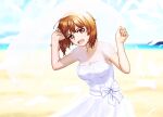  1girl absurdres bangs bare_shoulders beach blurry blurry_background breasts bridal_veil brown_eyes brown_hair commentary day depth_of_field dress feathers girls_und_panzer highres horizon long_dress looking_at_viewer medium_breasts mushinosuke nishizumi_miho ocean open_mouth outdoors short_hair smile solo standing strapless strapless_dress veil wedding_dress white_dress 