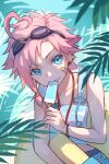  1boy ahoge bandaid bandaid_on_cheek bandaid_on_face blue_eyes eating food goggles goggles_on_head highres holding holding_food holding_innertube innertube leaf looking_at_viewer mahjong_soul male_focus pink_hair popsicle qi_xi shine_cheese solo summer 