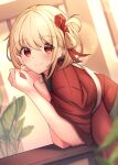  1girl bangs blurry blurry_background blush closed_mouth commentary_request hair_ribbon highres japanese_clothes kimono kogetsu_azami looking_at_viewer lycoris_recoil nishikigi_chisato red_eyes red_kimono red_ribbon ribbon short_hair smile solo 