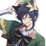  1boy adjusting_clothes adjusting_headwear androgynous animal_ears artist_name bangs black_hair blue_hair braid cape collared_cape flower fox_ears frilled_sleeves frills genshin_impact gradient_hair green_cape green_eyes hair_flower hair_ornament highres male_focus multicolored_hair sample_watermark short_hair_with_long_locks simple_background smile tuanzi43213480 twin_braids upper_body venti_(genshin_impact) watermark white_background 