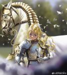  1girl absurdres armor barding bird blonde_hair blurry blurry_background blurry_foreground breastplate chainmail closed_mouth cuirass curly_hair dove fang_fengzheng_de_danche gauntlets head_down highres holding holding_sword holding_weapon horse knight long_hair long_sword looking_at_viewer meadow medieval original outdoors pauldrons reins shoulder_armor smile sunlight sword tree upper_body violet_eyes weapon weibo_logo weibo_username white_dove white_horse 