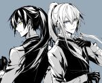  2boys bangs blue_background collared_shirt copyright_request earrings gloves hair_between_eyes hand_up jewelry long_hair long_sleeves male_focus mochizuki_shiina monochrome multiple_boys ponytail shirt simple_background upper_body vest violet_eyes yellow_eyes 