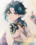  1boy ahoge aqua_hair arm_tattoo bangs bead_necklace beads blurry blurry_foreground blush cape chinese_clothes closed_mouth commentary_request depth_of_field detached_sleeves diamond-shaped_pupils diamond_(shape) eyeshadow facial_mark forehead_mark genshin_impact gold_trim green_hair highres jewelry looking_at_viewer looking_back makeup male_focus mizuamememe multicolored_hair necklace parted_bangs purple_cape red_eyeshadow shirt short_hair shoulder_spikes sidelocks sleeveless sleeveless_shirt smile solo spikes streaked_hair symbol-shaped_pupils tattoo upper_body white_shirt xiao_(genshin_impact) yellow_eyes 