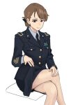  1girl black_eyes blue_jacket blue_skirt brown_hair buttons crossed_legs dress_shirt epaulettes hair_ribbon hand_on_leg jacket long_sleeves military military_uniform necktie original pencil_skirt perfect_han ribbon shirt simple_background skirt uniform white_background 