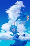  1girl bangs black_headwear blue_sky blue_theme closed_eyes clouds from_side gradient_sky hat hat_ribbon heart heart_of_string highres holding holding_clothes holding_hat komeiji_koishi noumin_joemanyodw open_mouth outdoors ribbon short_hair sky smile solo teeth third_eye touhou upper_teeth yellow_ribbon 
