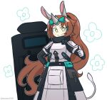  1girl absurdres animal_ears arknights armor bangs blush_stickers boots brown_hair bubble_(arknights) grey_eyes highres horns long_hair looking_at_viewer mumei518 pauldrons pointing pointing_at_viewer rhinoceros_girl shoulder_armor single_horn smile solo tail transparent_background upper_body white_footwear 