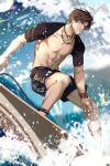  1boy abs artem_wing_(tears_of_themis) artist_name bangs blue_eyes brown_hair highres jewelry male_swimwear muscular muscular_male navel necklace open_mouth outdoors short_hair short_sleeves signature solo standing surfboard surfing swim_trunks tang_xinzi tears_of_themis water waves 