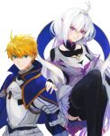  1boy 1girl arthur_pendragon_(fate) blonde_hair fate/grand_order fate_(series) green_eyes highres looking_at_viewer merlin_(fate/prototype) moedredd pointy_ears simple_background violet_eyes white_background white_hair 