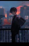  1boy absurdres bag bangs billboard black_eyes black_hair black_jacket blue_sky building buttons chainsaw_man city cityscape crane_(machine) ear_piercing evening feet_out_of_frame from_side gakuran hair_between_eyes hand_in_pocket high_collar highres jacket letterboxed looking_at_viewer male_focus mirandarin mole mole_under_mouth orange_clouds outdoors parted_lips piercing railing scenery school_bag school_uniform short_hair sky smile solo standing yoshida_hirofumi 