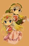  1boy 1girl artist_name back belt blonde_hair blue_eyes blush closed_mouth dress floating_hair full_body gloves jewelry link long_dress long_hair looking_up multicolored_hair multiple_persona necklace open_mouth pink_dress princess_zelda shield skirt_hold the_legend_of_zelda the_legend_of_zelda:_spirit_tracks the_legend_of_zelda:_the_wind_waker tiara tokuura toon_link toon_zelda 
