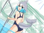  1girl alternate_costume bare_legs bare_shoulders blowhole blue_eyes blue_hair blue_swimsuit blush cetacean_tail commentary_request common_bottlenose_dolphin_(kemono_friends) dolphin_girl dorsal_fin grey_hair highres kemono_friends looking_at_viewer looking_back multicolored_hair one-piece_swimsuit pool pool_ladder shiraha_maru short_hair sleeveless solo swimsuit white_hair 