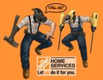  2boys absurdres belt between_fingers boots brown_belt brown_footwear chainsaw_man demon_boy drill drill_hand english_commentary hammer highres home_depot multiple_boys nail no_eyes orange_background original overalls shirt single_hand slapknutts sleeves_rolled_up speech_bubble suspenders teeth utility_belt white_shirt working 