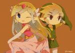 1boy 1girl artist_name back belt blonde_hair blue_eyes blush closed_mouth curtsey dress floating_hair full_body gloves jewelry link long_dress long_hair looking_up multicolored_hair multiple_persona necklace open_mouth pink_dress princess_zelda skirt_hold the_legend_of_zelda the_legend_of_zelda:_spirit_tracks the_legend_of_zelda:_the_wind_waker tiara tokuura toon_link toon_zelda