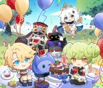 &gt;_&lt; 1boy 2girls 3others :d absurdres ai-chan_(honkai_impact) balloon bangs bare_shoulders black_eyes black_footwear black_gloves black_scarf black_shorts black_socks blonde_hair blue_eyes blue_sky boots cake character_request chibi clouds cloudy_sky company_connection confetti crossover cup cupcake davis_(tears_of_themis) double_bun dress elbow_gloves emmikn food fruit full_body genshin_impact gloves green_hair hair_bun hair_ornament halo highres holding holding_cup honkai:_star_rail honkai_(series) honkai_impact_3rd hoyoverse long_sleeves looking_at_viewer mimo_(hoyoverse) multiple_girls multiple_others one_eye_closed open_mouth orange_eyes outdoors paimon_(genshin_impact) pizza plate pom_pom rabbit scarf shirt short_hair shorts sky sleeveless sleeveless_dress smile socks strawberry tears_of_themis thigh_boots tree waving white_dress white_footwear white_hair white_shirt zenless_zone_zero