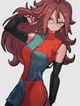  1girl android_21 black_sleeves blue_eyes breasts checkered_clothes checkered_dress closed_mouth detached_sleeves dragon_ball dragon_ball_fighterz dress earrings glasses grey_background hoop_earrings jewelry kemachiku long_hair medium_breasts pantyhose redhead simple_background smile solo 