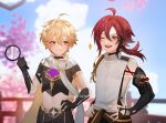  2boys aether_(genshin_impact) ahoge armor bangs bare_shoulders blonde_hair cape closed_eyes crop_top earrings genshin_impact gloves green_eyes highres japanese_armor jewelry looking_at_viewer magnifying_glass male_focus midriff mole mole_under_eye multicolored_hair multiple_boys navel one_eye_closed open_mouth orange_cape oxygen_(0220) redhead shikanoin_heizou single_earring smile streaked_hair yellow_eyes 