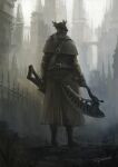  1other artist_name belt bloodborne boots brown_belt brown_capelet brown_coat brown_gloves capelet city coat facing_away fence from_behind gloves grey_hair gun hat highres holding holding_gun holding_weapon hunter_(bloodborne) outdoors ponytail saw_cleaver solo tricorne tripdancer weapon 