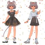  1girl :d alternate_costume animal_ears artist_name belt black_footwear blush_stickers bow collar collarbone compass_rose cross-laced_footwear dated detached_collar dot_nose double_bun dress fang gem grey_dress grey_hair grey_shorts hair_bun highres jewelry k0nfette mouse_ears mouse_girl nazrin necklace red_eyes shirt shirt_tucked_in shoes short_dress short_hair short_sleeves shorts smile sneakers socks square_neckline touhou v white_background white_belt white_collar white_footwear white_shirt white_socks 