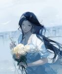  1girl black_hair blue_eyes blurry blurry_background dress flower highres holding holding_flower long_hair original parted_lips sevenotsu shadow sideways_glance smile solo upper_body white_dress white_flower 