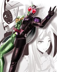  1boy 1girl absurdres armor artist_name belt fuuto_tantei gaia_memory glowing glowing_eyes hand_up helmet highres kamen_rider kamen_rider_accel kamen_rider_w mask reiei_8 tokime_(fuuto_tantei) tokusatsu 