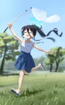  1girl :d ^_^ arisu_(blue_archive) bangs black_hair blue_archive butterfly_net clear_sky closed_eyes grass hair_between_eyes halo hand_net highres long_hair lynchis open_mouth outdoors ponytail sandals sky smile solo tree 