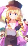  1girl 2boys absurdres bangs baseball_cap black_headwear blonde_hair blue_eyes blunt_bangs braid chinese_clothes cowboy_shot facial_hair formal grin hat highres holding holding_microphone hood hoodie kabe_taijin long_hair microphone multiple_boys mustache nyaa_(nnekoron) open_clothes open_hoodie paripi_koumei shirt shorts sidelocks smile tsukimi_eiko twin_braids white_shirt zhuge_kongming_(paripi_koumei) 