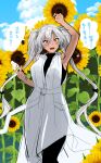  1girl absurdres alternate_costume arm_up blue_sky brown_eyes clouds dress feet_out_of_frame flower food glasses hair_between_eyes highres ice_cream kantai_collection long_hair looking_at_viewer musashi_(kancolle) short_hair_with_long_locks sky solo sunflower translation_request two_side_up white_dress white_hair yunamaro 