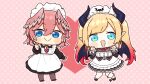  2girls :&gt; apron bangs black_footwear blonde_hair blue_eyes chibi demon_girl demon_horns demon_tail demon_wings gradient_hair hair_between_eyes head_wings heart highres hololive horns knees_together_feet_apart looking_at_viewer maid maid_apron maid_headdress multicolored_hair multiple_girls okunin open_mouth outstretched_hand pantyhose pink_background pink_hair pointing pointy_ears polka_dot polka_dot_background redhead smile swept_bangs tail tail_around_leg takane_lui virtual_youtuber wings yuzuki_choco 