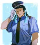  1boy alternate_costume black_hair black_necktie blue_eyes blue_hair blue_shirt collared_shirt commentary_request fate/grand_order fate_(series) gloves gradient_hair hat highres holding holding_clothes holding_hat long_hair looking_at_viewer male_focus multicolored_hair muscular muscular_male necktie nikola_tesla_(fate) police police_hat police_uniform policeman shirt short_sleeves simple_background solo sosaka speech_bubble sunlight sweat two-tone_hair uniform upper_body white_gloves 
