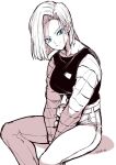  1girl android_18 blue_eyes character_doll closed_mouth dragon_ball dragon_ball_z greyscale highres kuririn long_sleeves monochrome short_hair simple_background sitting smile solo striped_sleeves takatsuki_ichi white_background 