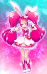  1girl ;q absurdres animal_ears bow bowtie brown_hairband choker collarbone cure_whip dress full_body gloves hairband highres kirakira_precure_a_la_mode long_hair looking_at_viewer mitsuki_tayura one_eye_closed outstretched_arm precure rabbit_ears red_bow red_bowtie red_choker red_eyes red_footwear redhead shiny shiny_hair short_dress short_sleeves solo standing tongue tongue_out twintails very_long_hair white_dress white_gloves 