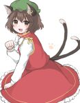  1girl :d animal_ears ansoku brown_eyes brown_hair cat_ears cat_tail chen earrings fang hat jewelry multiple_tails nekomata open_mouth paw_pose single_earring smile solo tail touhou two_tails 
