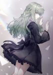 1girl 25-ji_night_code_de._(project_sekai) absurdres against_wall back_bow bangs black_bow black_dress bow commentary_request dogdogwanwan dress frilled_dress frilled_sleeves frills green_hair grey_background half-closed_eyes highres kusanagi_nene long_hair long_sleeves looking_at_viewer looking_back project_sekai sidelocks solo violet_eyes 