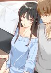  1boy 1girl azusagawa_sakuta black_hair blue_eyes blue_sweater blush breasts brown_hair dogisan earphones grey_shirt hair_ornament hairclip highres leaning_on_person long_hair medium_breasts on_floor sakurajima_mai seishun_buta_yarou shared_earphones shirt short_hair sweater 