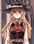  1girl :| ascot bangs blonde_hair breasts brown_headwear brown_vest close-up closed_mouth collared_shirt commentary_request curtains expressionless fedora frilled_hat frilled_sleeves frills hat hat_feather highres indoors jacket_girl_(dipp) jun_harukawa long_hair long_sleeves looking_at_viewer red_ascot red_eyes shirt small_breasts solo touhou vest white_shirt window 