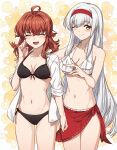  absurdres ahoge arashi_(kancolle) bikini black_bikini closed_eyes hairband highres kanmiya_shinobu kantai_collection long_hair navel one_eye_closed redhead short_hair shoukaku_(kancolle) swimsuit white_bikini yellow_eyes 