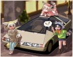  3girls alternate_costume animal_ears bangs black_hair blonde_hair brown_hair capelet car casual citroen citroen_karin closed_eyes common_raccoon_(kemono_friends) contemporary cuffs dress elbow_rest extra_ears fangs fennec_(kemono_friends) fox_ears fox_girl fox_tail full_body grey_hair ground_vehicle hair_between_eyes hand_on_own_cheek hand_on_own_face hat head_rest highres kemono_friends layered_sleeves leaning_back leaning_on_object long_sleeves looking_at_another lying medium_hair miniskirt motor_vehicle multicolored_hair multiple_girls on_stomach open_mouth outdoors pants paw_shoes raccoon_ears raccoon_girl raccoon_tail scarf shirt shoes short_over_long_sleeves short_sleeves skirt smile standing sweat sweater tail toriny undershirt walking white_hair white_serval_(kemono_friends) 