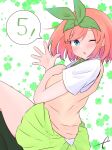  1girl bangs black_socks blush bow breasts clover commentary eyebrows_hidden_by_hair four-leaf_clover go-toubun_no_hanayome green_bow green_ribbon green_skirt hair_between_eyes hair_ribbon hands_up highres kujou_karasuma medium_breasts nakano_yotsuba one_eye_closed orange_hair parted_lips pleated_skirt ribbon shirt short_sleeves signature simple_background skirt socks solo sweater_vest symbol-only_commentary white_background white_shirt 