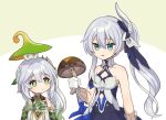  2girls aqua_eyes bare_arms bare_shoulders blue_dress breasts closed_mouth commentary crossover dot_nose dress flat_chest fungi_(genshin_impact) genshin_impact gloves green_eyes green_hair grey_hair hair_between_eyes hair_ornament holding honkai_(series) honkai_impact_3rd long_hair looking_at_another mihoyo multicolored_hair multiple_girls mushroom nahida_(genshin_impact) parted_lips pointy_ears ponytail shiitake simple_background small_breasts streaked_hair tamakibi theresa_apocalypse theresa_apocalypse_(twilight_paladin) upper_body white_gloves 