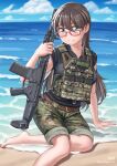  1girl absurdres bangs beach belt black_shirt blue_sky brown_hair camouflage camouflage_jacket camouflage_pants closed_mouth clouds cloudy_sky glasses green_eyes gun highres holding holding_gun holding_weapon howa_type_20 jacket japan_ground_self-defense_force japan_self-defense_force long_hair looking_at_viewer magazine_(weapon) military original outdoors pants shirt short_sleeves sky smile solo toes waruzamurai water waves weapon 