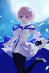  1girl arcueid_brunestud bangs blonde_hair fate/grand_order fate_(series) fishy_721 flower hair_flower hair_ornament highres long_sleeves looking_at_viewer moon multicolored_clothes red_eyes ribbon shirt short_hair skirt smile solo tsukihime white_shirt 