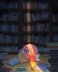  book bookshelf coat dark glasses highres kirby kirby_(series) library light light_rays looking_at_viewer miclot no_humans open_mouth reading shelf sitting solo wooden_floor 