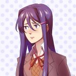  1girl blush brown_cardigan brown_jacket cardigan doki_doki_literature_club hair_between_eyes hair_ornament hairclip highres jacket long_hair looking_to_the_side neck_ribbon okha parted_lips polka_dot polka_dot_background portrait purple_background purple_hair red_ribbon ribbon shirt solo straight_hair upper_body violet_eyes white_shirt yuri_(doki_doki_literature_club) 