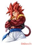  1boy blue_eyes body_fur cowboy_shot crossed_arms dragon_ball dragon_ball_gt ebifurya gogeta highres looking_at_viewer male_focus metamoran_vest monkey_boy monkey_tail muscular one-hour_drawing_challenge pants red_fur sash simple_background solo super_saiyan super_saiyan_4 tail twitter_username white_background 