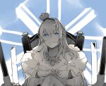  1girl bangs blue_background braid closed_mouth commentary_request crown dress french_braid fur-trimmed_dress fur_trim gloves greyscale interlocked_fingers jewelry kantai_collection kitamura_hato long_hair looking_at_viewer mini_crown monochrome necklace off-shoulder_dress off_shoulder rigging simple_background solo spot_color throne upper_body warspite_(kancolle) 
