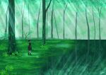  1girl absurdres artist_name blurry blurry_background brown_hair dress forest grass green_theme h_yuusui highres light light_particles light_rays long_dress looking_to_the_side nature original reflection reflective_water scenery shoes short_hair signature socks solo tree water 